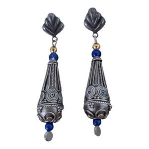 Vintage Afghan Drop Earrings Handmade Silver Plated with Lapis Lazuli